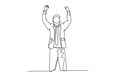 Tek sıra halinde genç mutlu CEO ayakta duruyor ve yatırımcılardan gelen yeni fonu kutlamak için ellerini havaya kaldırıyor. İş fonu kavramı. Aralıksız çizgi çizimi tasarım grafik vektör çizimi