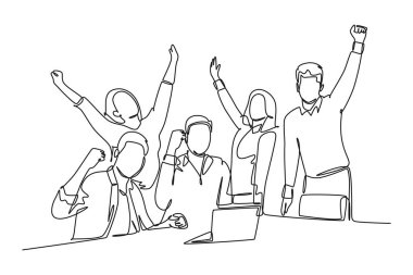 Tek sıra halinde genç mutlu iş adamı ve iş kadını başarılarını kutluyor iş hedeflerine ulaşıyorlar. Takım çalışması hedef konsepti. Aralıksız çizgi çizimi tasarım grafik vektör çizimi