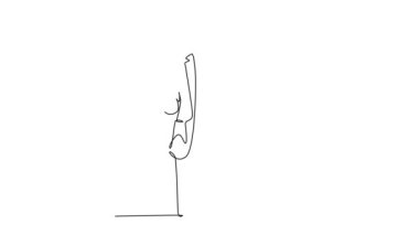 Sürekli kendini çizen animasyon genç ve mutlu iş adamı yeni iş sözleşmesini kutlamak için elini havaya kaldırdı. İş anlaşması. Tam uzunluktaki tek çizgi canlandırıldı