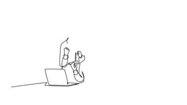 Sürekli çizilen mutlu genç erkek çizgi çizimleri CEO 'luk yapmaya başladı ve astları başarılarını kutlamak için iş hedeflerine ulaştılar. Takım golü. Tam uzunluktaki tek çizgi canlandırması