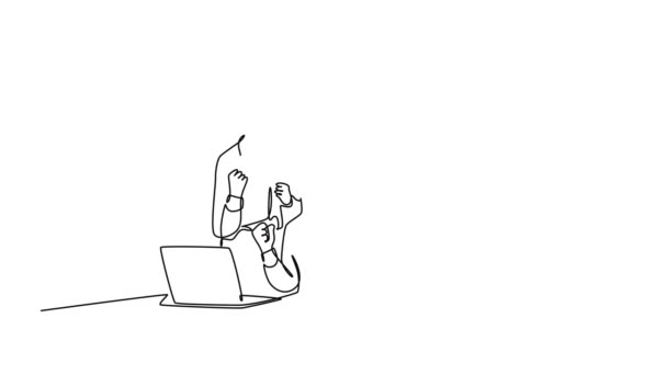 Анимация Саморисования Непрерывной Линии Розыгрыша Молодых Счастливых Стартапов Мужского Пола — стоковое видео