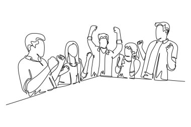 Genç mutlu iş adamı ve güzel iş kadınlarının başarılarını kutlayan tek sıra çizimleri iş hedeflerine ulaşır. Takım golü. Bir çizgi çizimi grafik tasarım vektör çizimi