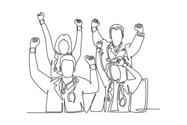 Başarılı tedavi hastalarını kutlayan bir grup erkek doktor ve kadın doktor. Sağlık hizmetleri konsepti. Bir çizgi çizimi grafik tasarım vektör çizimi