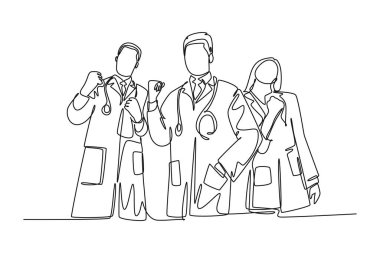 Başarılı tedavi hastalarını kutlayan bir grup erkek doktor ve kadın doktor. Sağlık hizmetleri konsepti. Bir çizgi çizimi grafik tasarım vektör çizimi