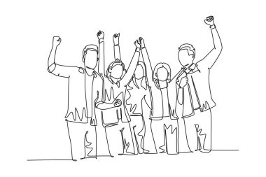 Tek sıra halinde bir grup mutlu genç CEO ve meslektaşları şirketin iş hedefine ulaşmalarını kutluyorlar. Takım golü. Devamlı çizgi tasarımı grafik vektör illüstrasyonu