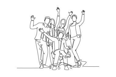 Tek sıra çizen erkek menajer ve güzel bayan yönetici iş hedeflerine ulaşmalarını kutluyorlar. Takım çalışması hedef konsepti. Aralıksız çizgi çizimi tasarım grafik vektör çizimi