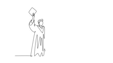 Canlandırılmış kendini çizen mutlu erkek ve bayan üniversite öğrencilerinden oluşan bir grup okul mezuniyetini kutlamak için şapkalarını havaya kaldırıyor. Eğitim konsepti. Tam uzunluktaki bir çizgi canlandırması