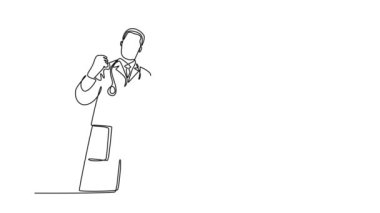 Başarılı tedavi hastalarını kutlayan bir grup mutlu erkek doktor ve kadın doktorun kendi kendine çizdiği animasyon. Sağlık hizmetleri. Devamlı çizgi çekme. Tam uzunluk canlandırması