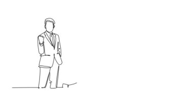 Sürekli kendini çizen iş adamı ve iş kadını grupları başarılarını kutlamak için iş hedeflerine ulaşmak için sıraya girerler. Takım golü. Tam uzunluktaki tek çizgi canlandırması