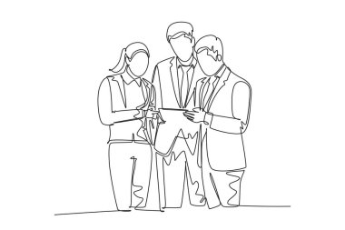 Sürekli olarak genç mutlu erkek ve kadın işçilerin belge açarken şirket projesinden bahsettiği bir çizgi çiziliyor. İş toplantısı. Tek çizgi çizimi tasarım vektörü grafik çizimi