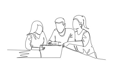 Dizüstü bilgisayar ekranında proje öğrenme grafiğini tartışan genç iş adamı ve iş kadınının çizdiği tek sıra. İş toplantısı. Dinamik bir çizgi çizer grafik tasarım vektörü çizer