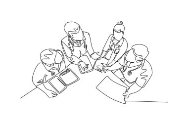 Tek sıra halinde genç, zeki erkek ve kadın uzman doktorların hasta ameliyat planı hakkında tartışmalarına yol açıyor. Tıbbi sağlık hizmeti konsepti. Bir çizgi çizimi grafik tasarım vektör çizimi