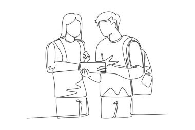 Okuldaki matematik dersinden bahseden genç erkek ve dişi öğrencileri çizen tek satır. Romantik sevgili ilişkisi. Aralıksız çizgi çizimi tasarım grafik vektör çizimi