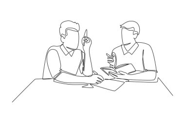 Girişimleri için standart işletim prosedürünü formüle eden genç şirket kurucusunun tek satır çizimi. İş büyümesi tartışma konsepti. Aralıksız çizgi çizimi tasarım grafik vektör çizimi