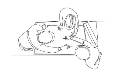 Genç mimar ve inşaatçının bina tasarımını tartıştığı tek bir çizgi. Ev mimarisi konsepti. Aralıksız çizgi çizimi tasarım grafik vektör çizimi