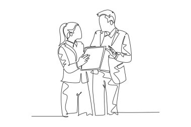 Genç erkek ve kadın yöneticilerin şirket kârını artırmak için stratejik planlama tartışmalarının tek bir çizimi. İş büyümesi tartışması. Aralıksız çizgi çizimi tasarım grafik vektör çizimi