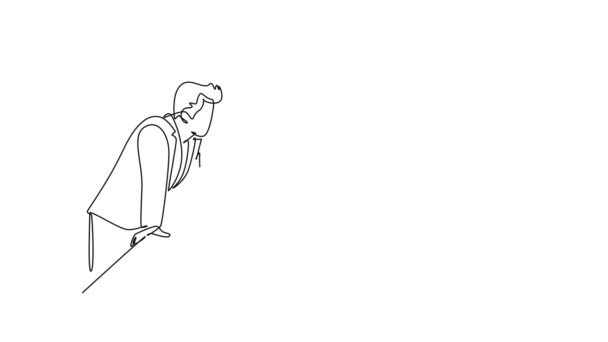 Dibujo Animado Línea Continua Tres Trabajadores Jóvenes Hablando Seriamente Sobre — Vídeos de Stock