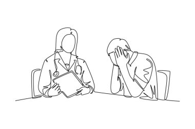 Hastanedeki stresli hasta durumuyla konuşan tek bir bayan doktor çizimi. Sağlık hizmetleri konseptini kontrol et. Dinamik bir çizgi çizer grafik tasarım vektörü çizer