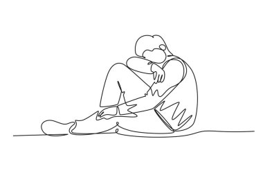 Tek sıra halinde yerde üzgün ve bunalımlı bir işadamı oturuyor. Ofis çalışanı üzgün, stresli ve üzgün hissediyor. Bunalımlı insanlar. Aralıksız çizgi çizimi tasarım grafik vektör çizimi