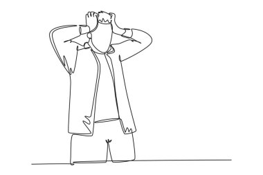 Tek sıra başı ağrıyan, başı ağrıyan, elleri başının üstünde olan, migren, sağlık sorunları, baş ağrısı, stres işi, yorgunluk ve ıstırap çeken işadamı. Aralıksız çizgi çizimi tasarım grafik vektör çizimi