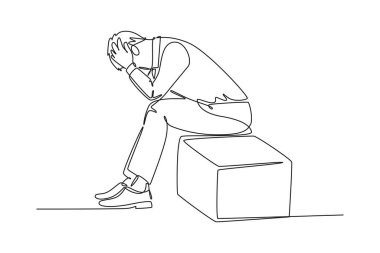 Kafası karıştığı için sandalyeye oturan ve kafasını tutan tek sıra depresyon çeken genç işçi. Ofis konseptinde iş baskısı. Bir çizgi çizimi grafik tasarım vektör çizimi
