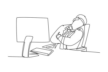 Uykulu genç işadamının çizdiği tek bir çizgi ofis koltuğunda çalışma masasında bilgisayar açıkken uykuya daldı. İş yorgunluğu konsepti. Modern sürekli çizgi çizimi tasarım grafik vektör çizimi
