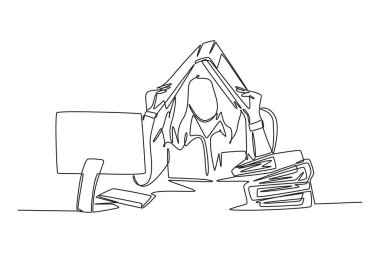 Depresyondaki genç kadın çalışanın bilgisayarın önünde oturup bir yığın kağıt yığını oluşturduğu ve kafasını klasörle kapattığı tek bir çizim. Aralıksız çizgi çizimi tasarım grafik vektör çizimi