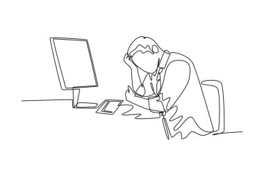 Genç ve yorgun işadamının ofiste çalışırken sersemlediği tek sıra. Monitördeki aşırı yükleme sonrası iş yorgunluğu. Aralıksız çizgi çizimi tasarım grafik vektör çizimi