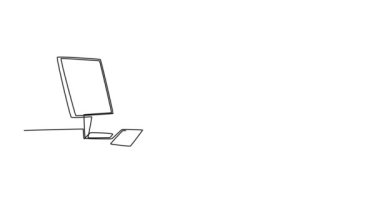 Tek çizgili kendi kendine çizim yapmak genç yorgun erkek çalışanı ya da çalışanı bilgisayarla çalışma masasında uyumaya zorluyor. Ofis kavramında aşırı çalışma yorgunluğu. Devamlı çizgi çekme. Tam uzunluk canlandırması