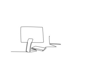 Bilgisayarın ve kağıt yığınının önünde oturan ve kafasını klasörle kapatan genç depresyonlu kadın çalışanın animasyon çizimleri. Tam uzunluktaki tek çizgi canlandırması