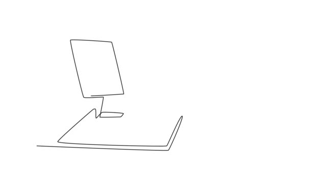 連続的なラインのアニメーションの自己描画は 若い怒っている労働者が彼のコンピュータの机の上の紙の山の横の電話で怒っている オフィスコンセプトでの怒りの管理 全長シングルラインアニメーション — ストック動画