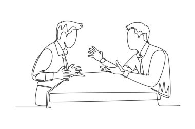 Genç kızgın iş adamının bağırarak iş ortağına bağırdığı tek sıra halinde birbirlerini suçluyorlar. İşle ilgili. Bir çizgi çizimi grafik tasarım vektör çizimi