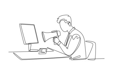Tek sıra halinde öfkeli erkek yönetici monitör bilgisayarında megafonla bağırıyor. Ofis konseptinde disiplin. Aralıksız çizgi çizimi tasarım grafik vektör çizimi