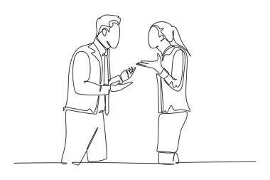 Sürekli olarak genç kızgın işadamı ve iş kadını tartışır, ofiste iş projelerini tartışır. İş anlaşması başarısız konsepti. Tek çizgi çizimi tasarım vektörü grafik çizimi