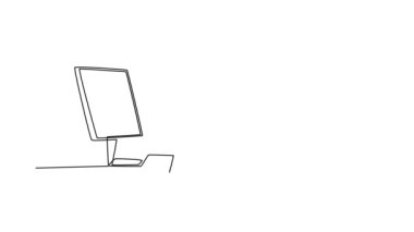 Tek bir çizginin kendi kendine çizimi öfkeli bir erkek yöneticinin megafon kullanarak monitör bilgisayarında çığlık atmasını çekiyor. Ofiste disiplin uygula. Devamlı çizgi çekme. Tam uzunluk canlandırması