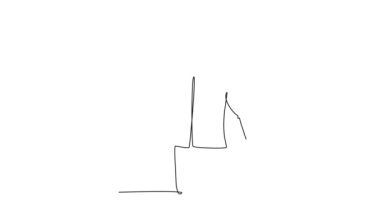 Genç hevesli iş adamının konuşmasını eğitmek için megafon kullanarak yüksek sesle bağırışının sürekli çizildiği animasyon çizimi. Ofiste topluluk önünde konuşma pratiği. Tam uzunluktaki tek çizgi canlandırması