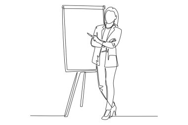 Toplantıda sunum yaparken düşünen genç bayan sunucunun tek sıra çizimi. İş sunumu konsepti. Dinamik bir çizgi çizer grafik tasarım vektörü çizer