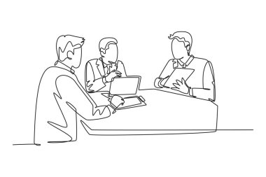 Bir grup genç ve mutlu iş adamının bir projede işbirliği yapmak için toplantı odasında tartıştığı bir satır. İş birliği konsepti. Tek çizgi çizimi tasarım vektörü grafik çizimi