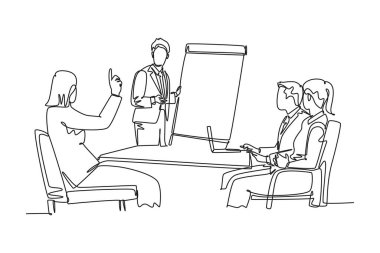 Genç mutlu iş öğretmeninin sunum sırasında katılımcılara bireyler arası beceriler öğrettiği kesintisiz tek çizgi çizimi. İş eğitimi. Bir çizgi çizimi grafik tasarım vektör çizimi