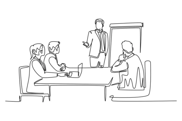 オフィスミーティングルームで話し合う若い幸せなビジネスマンとビジネスマンを描く連続的な1行 ビジネスミーティングとプレゼンテーションのコンセプト シングルラインドローデザインベクターグラフィックイラスト ベクターグラフィックス