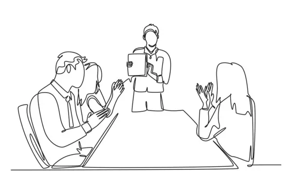 オフィスのチームミーティングで対人スキルレッスンを与える若いハッピーマネージャーの単一の連続的なライン図 ビジネスプレゼンテーションコンセプト 1行描画グラフィックデザインベクターイラスト ロイヤリティフリーストックベクター