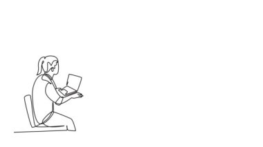 Çekici ve mutlu bir eğitmenin sınıf arkadaşına hayat becerisi dersi verirken çizdiği çizgilerin animasyonlu çizimi. İş eğitimi ve sunum konsepti. Tam uzunluktaki bir çizgi canlandırması