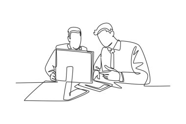 Tek sıra halinde iki başarılı iş sahibi, ürün yeniliklerini partnerleriyle tartışıyor. İş toplantısı sırasında beyin fırtınası. Bir çizgi çizimi grafik tasarım vektör çizimi