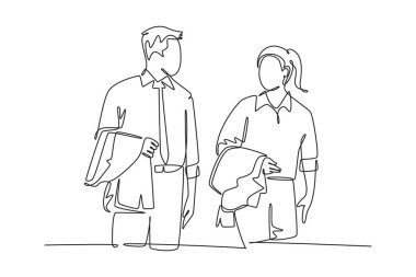 Bir satırda iki genç mutlu erkek ve kadın işçi ofis saatinden sonra sohbet ediyorlar. Havadan sudan konuş ve başarılı ol. Aralıksız çizgi çizimi tasarım grafik vektör çizimi