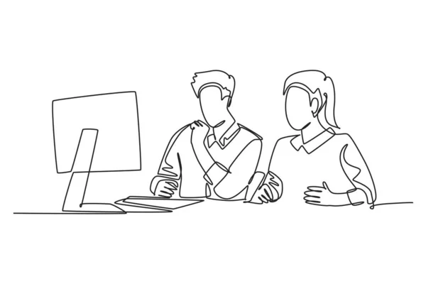 コンピュータ画面でセールスチャートを見ている2人の若い深刻な男性と女性の労働者を描画する単一の1行 セールス成長事業コンセプト モダンな連続ラインドローデザイングラフィックベクターイラスト ベクターグラフィックス