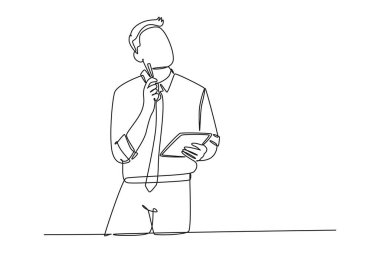 Genç müdürün sürekli çizdiği bir çizim kariyerini, şirketteki sürekliliğini ve terfisini düşünmeye odaklanıyor. Başarılı kariyer yolu kavramı. Tek çizgi çizimi tasarım vektörü grafik çizimi