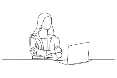 Genç bayan girişimcinin tek bir çizimi bilgisayarın önünde oturmuş şirket için satış stratejisi düşünüyor. Pazarlama stratejisi. Aralıksız çizgi çizimi tasarım grafik vektör çizimi