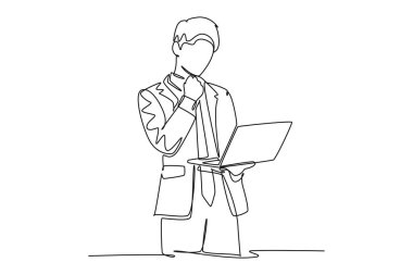 Tek sıra halinde, elinde tabletle ayakta duran genç bir iş adamı büroda iş stratejisini düşünüyor. İş fikri konsepti. Devamlı çizgi tasarımı grafik vektör illüstrasyonu