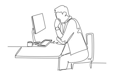 Bir satırda genç CEO 'nun bir sandalyeye oturup bilgisayar ekranı verilerine odaklanırken düşündüğü tek satır çizimi. İş analizi konsepti. Aralıksız çizgi çizimi tasarım grafik vektör çizimi