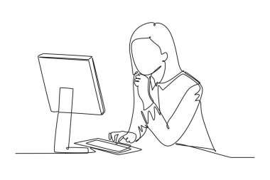 Dizüstü bilgisayarın önünde sakince oturan ve ofiste iş stratejisi düşünen genç bir bayan yöneticiyi sürekli çeken bir çizgi. İş fikri. Tek çizgi çizimi tasarım vektörü grafik çizimi